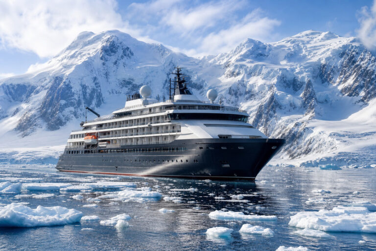 Large cruise ship sailing through icy Arctic waters with snow-covered mountains in the background.