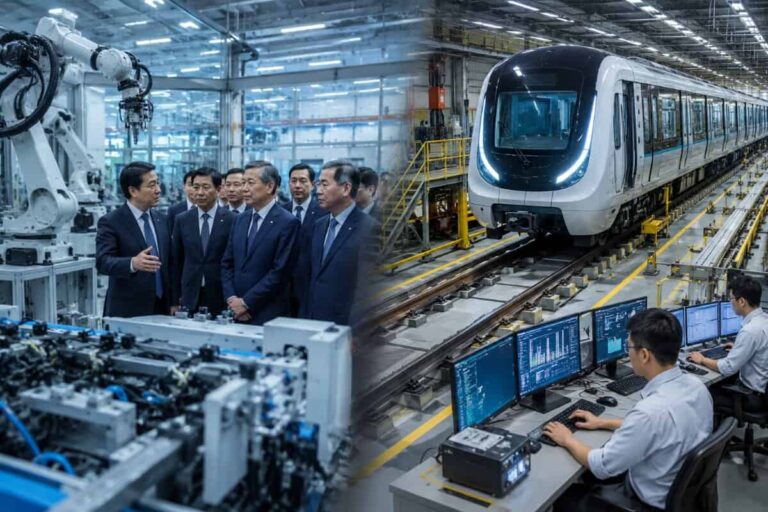 Executives in suits tour an automated manufacturing lab with a robotic arm in the foreground.