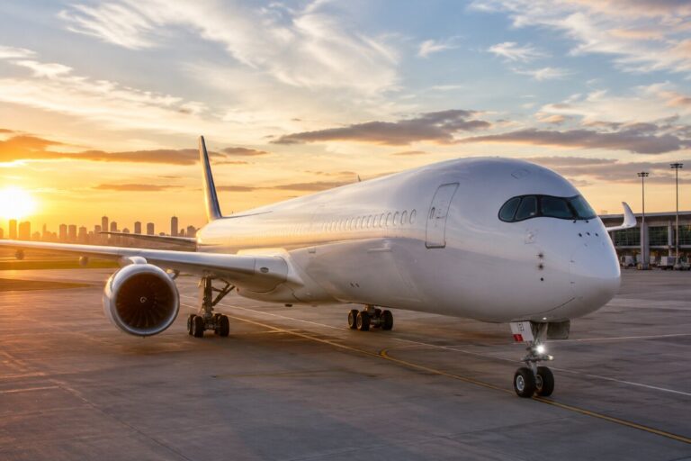 Airliner on the airport tarmac at sunset with a city skyline in the distance.