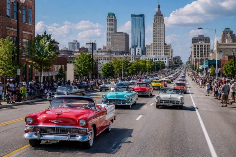 Vintage red convertible leads a classic car parade down a city street, lined with cheering crowds and tall skyline buildings in the background.