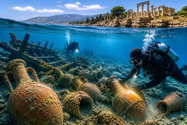Divers in full scuba gear examine a line of ancient clay amphorae on the sunken seabed near ruined stone columns.
