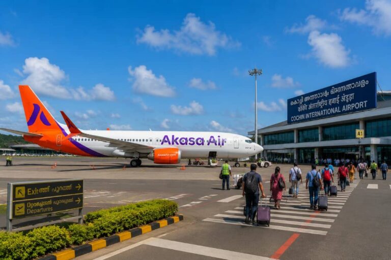 Akasa Air plane parked on the tarmac at Cochin International Airport as travelers with luggage approach the terminal.