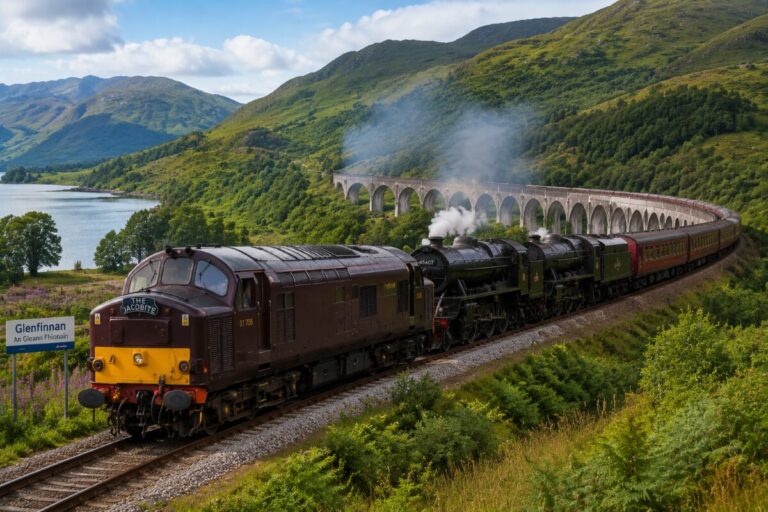 Steam locomotive The Jacobite pulls vintage carriages along a valley with a long stone viaduct set against green hills and a lake on the left; Glenfinnan station sign in view.