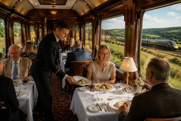Waiter in a suit serves a plated meal to a smiling woman at a table in a vintage train dining car, countryside visible through the windows.