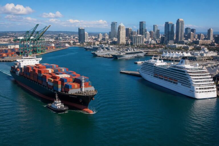 Large container ship at a busy port, colorful cargo containers stacked high, with a white cruise ship nearby and green gantry cranes against a city skyline.