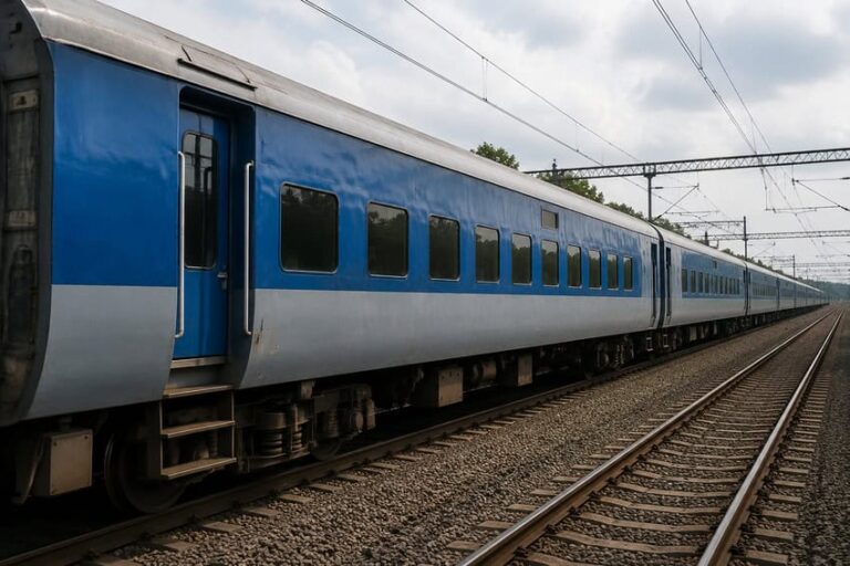 Blue passenger train lined up on railway tracks, doors closed, under overhead power lines