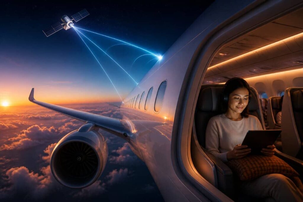 Woman wearing headphones sits by an airplane window, reading a tablet as the sunset glows outside and the wing and engine are visible.