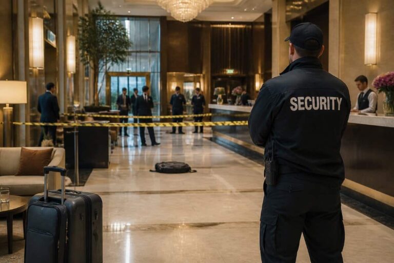 Security guard in a hotel lobby facing away, yellow caution tape blocks the hallway behind him.