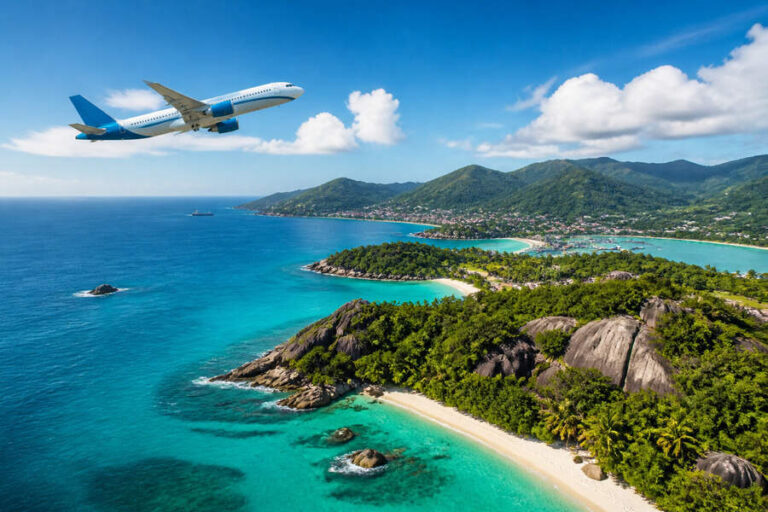 Airplane flying over a tropical coastline with turquoise water, white sand beaches, and green hills.