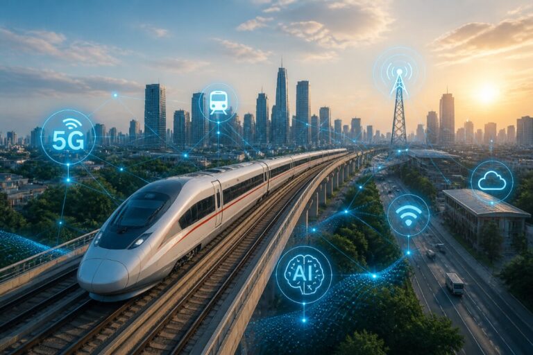 High-speed train on an elevated track with glowing 5G, AI, Wi‑Fi, and cloud icons over a city skyline, illustrating connected transportation.
