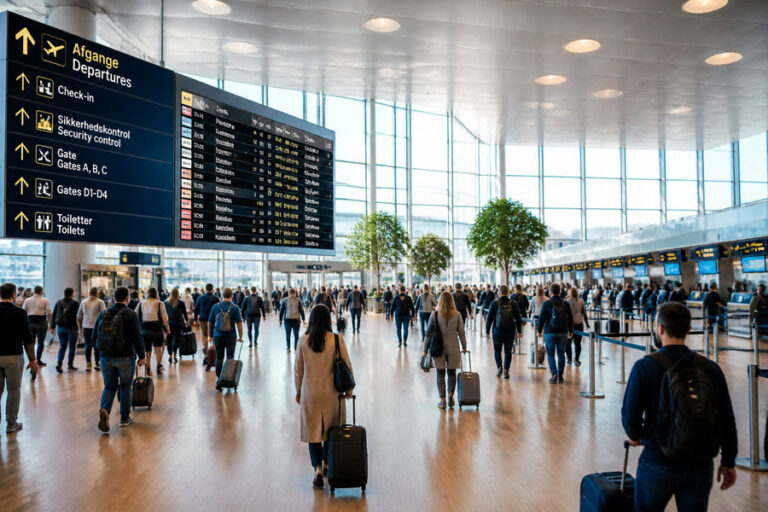 Crowded airport terminal with travelers pulling wheeled luggage beneath large departure signs and a flight information board.