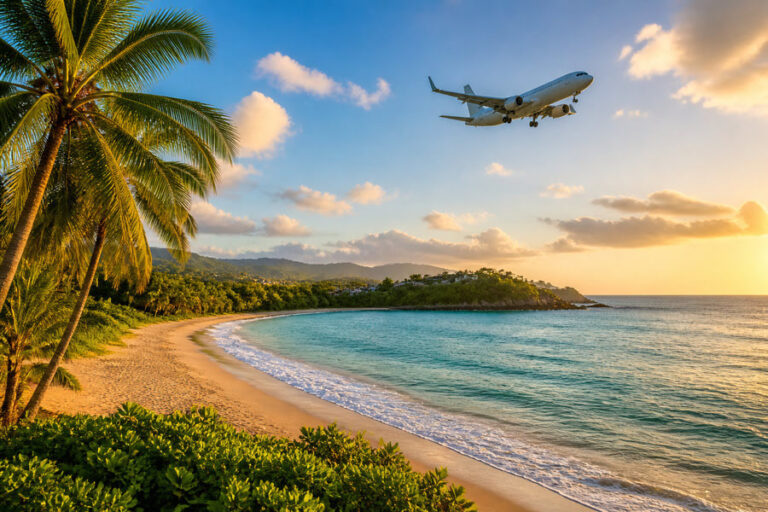 Tropical beach with palm trees, golden sand, turquoise water, and a plane flying across a warm sunset.