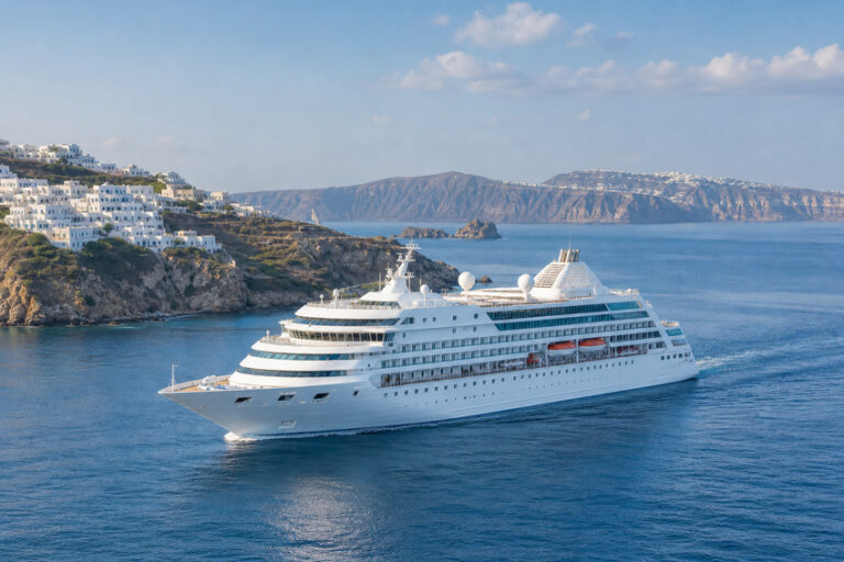 White cruise ship sailing along a blue coastline with white hillside buildings in the background