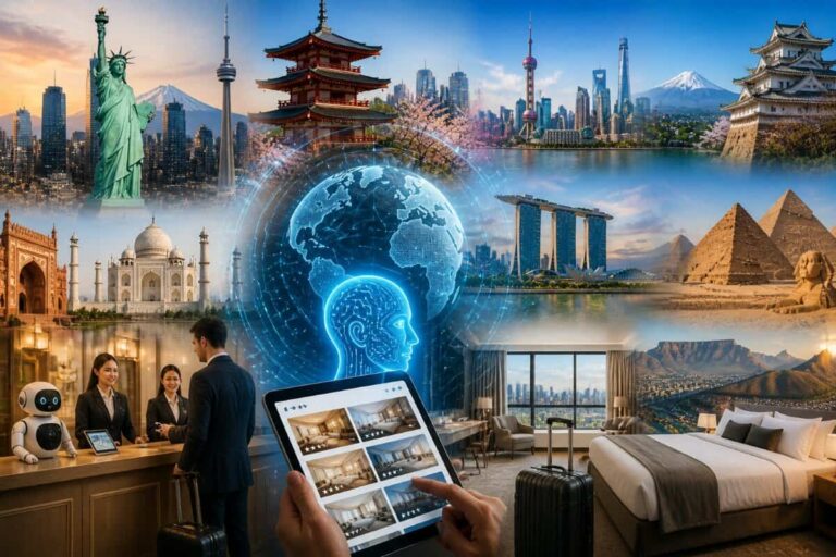 Composite image of world landmarks surrounding a glowing holographic brain above a hotel lobby with a tablet showing rooms.