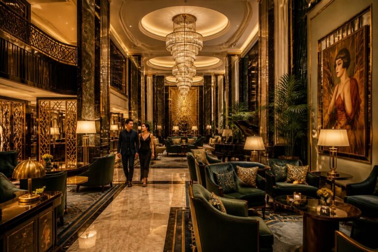 A couple in formal wear walks through a luxurious hotel lobby with marble floors, teal sofas, and grand chandeliers.