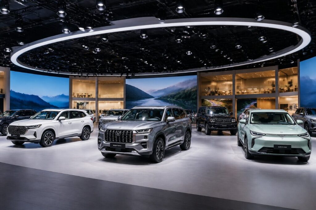 Showroom with multiple SUVs on display under circular ceiling lights, panoramic screens in back at a car expo.