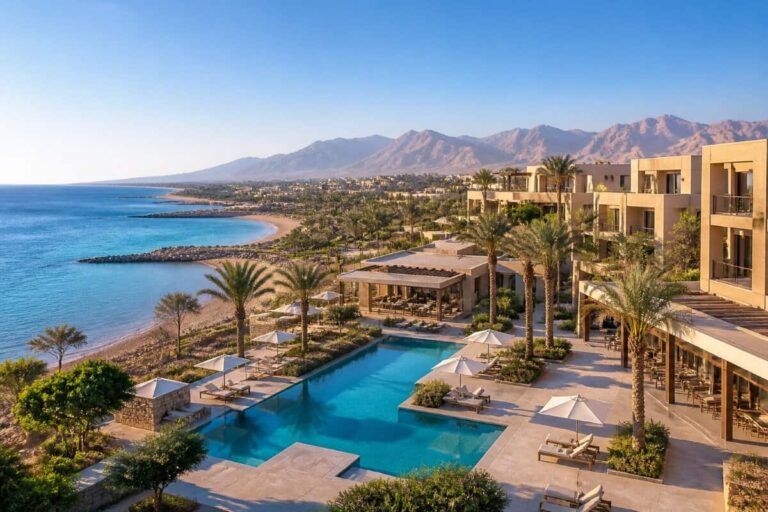 Beachfront resort with a large pool, palm trees, and sun loungers overlooking the blue sea and distant mountains.