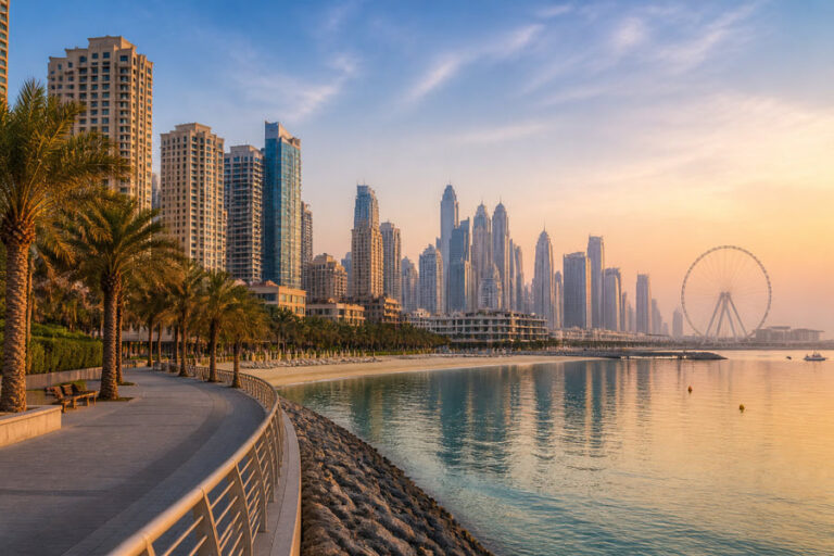 Sunset over a palm-fringed promenade with Dubai's skyline and a large Ferris wheel by the bay.
