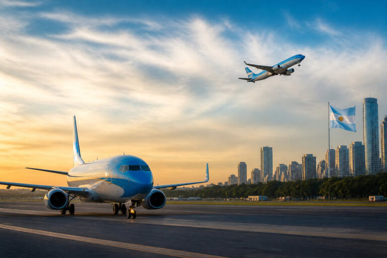 Airplane on the runway at sunset with a city skyline and an Argentine flag in the background.