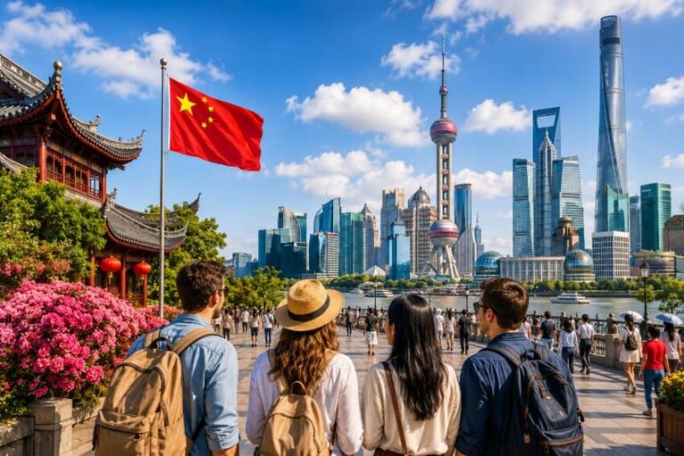 Tourists with backpacks standing on a riverside promenade, overlooking Shanghai's skyline with the Oriental Pearl Tower and a Chinese flag nearby.