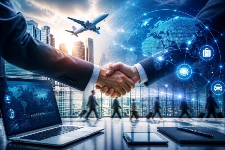 Two businessmen shake hands in a modern office, with a digital world map and city skyline in the background.