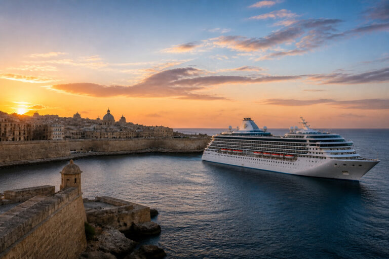 Cruise ship docked near a historic harbor at sunset, with city walls and domed buildings along the shore.