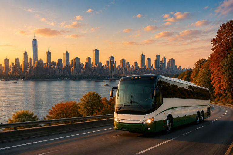 White and green tour bus driving on a coastal highway at sunset with a city skyline across the water.
