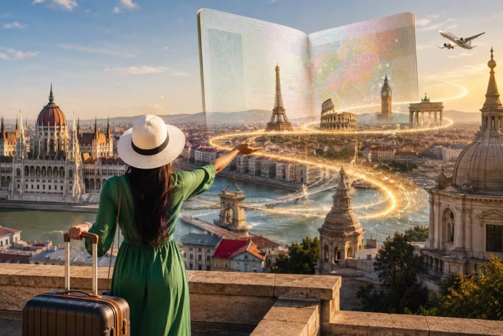 A woman in a green dress with a white hat and a suitcase stands on a ledge, pointing at a glowing open map-book above a city skyline of famous landmarks, fantasy travel scene.