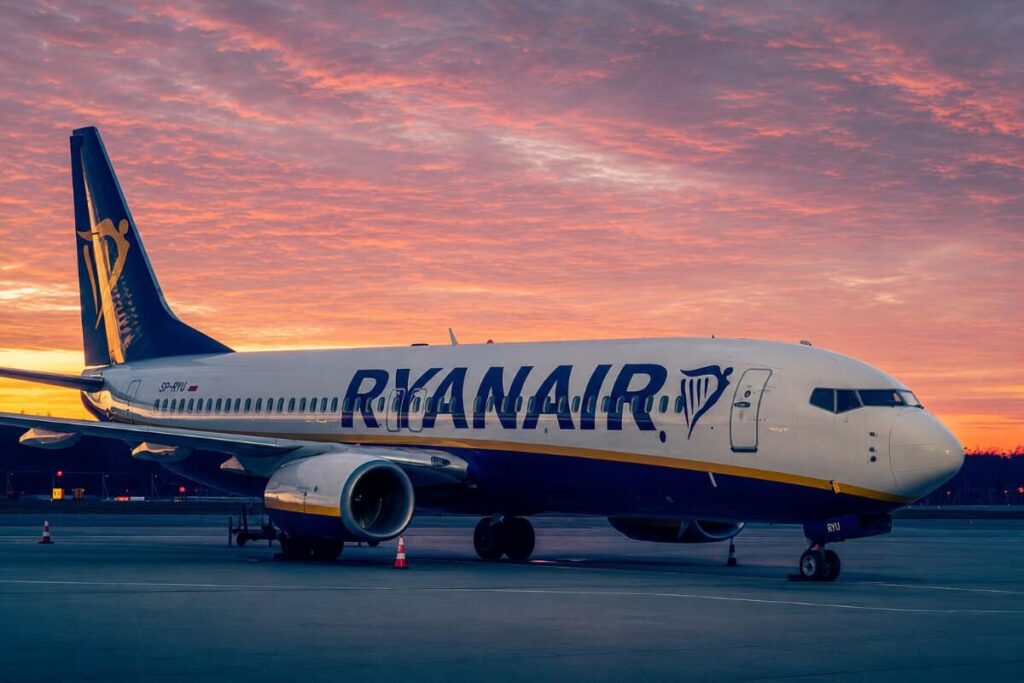 Ryanair airplane parked on the tarmac at sunset, blue and yellow livery visible on the fuselage and tail