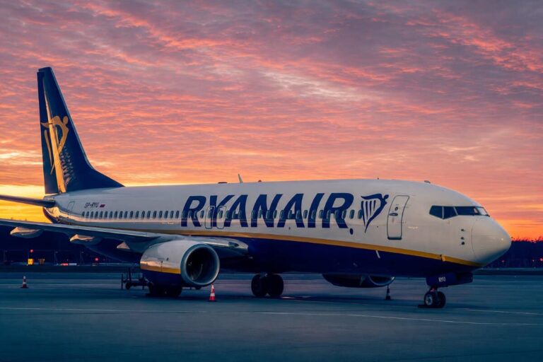 Ryanair airplane parked on the tarmac at sunset, blue and yellow livery visible on the fuselage and tail