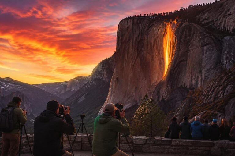 Photographers with cameras on tripods overlook a rocky cliff at sunset as a golden waterfall cascades down the cliff face.