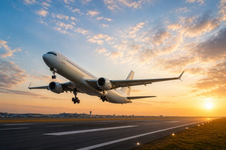 Commercial jet taking off from a runway at sunset, engines roaring as the plane rises against a warm orange sky.