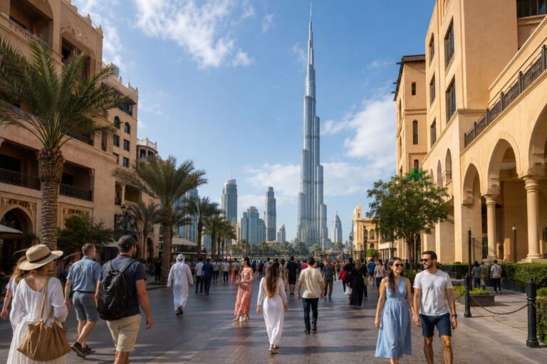 Bustling promenade in Dubai with the Burj Khalifa in the distance and people strolling along palm-lined sidewalks.