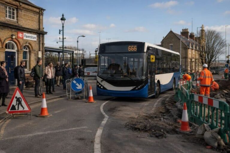 Blue and white city bus numbered 666 approaching a construction zone at a street near a train station (Faversham sign visible).