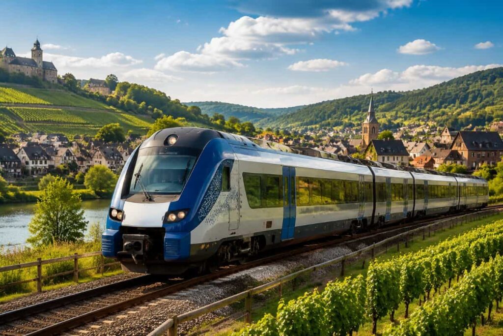 Modern blue-and-white passenger train travels along tracks beside vineyards and a river with a village in the background on a sunny day, hillside scenery beyond.