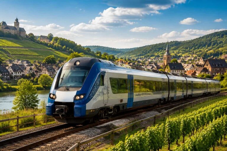Modern blue-and-white passenger train travels along tracks beside vineyards and a river with a village in the background on a sunny day, hillside scenery beyond.