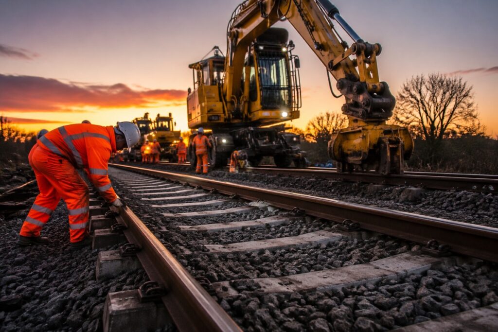 Railway maintenance crews in orange safety gear work on tracks at sunset, using a large yellow excavator to inspect and adjust the rails and ballast.
