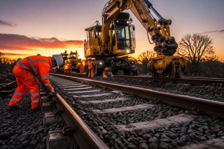 Railway maintenance crews in orange safety gear work on tracks at sunset, using a large yellow excavator to inspect and adjust the rails and ballast.
