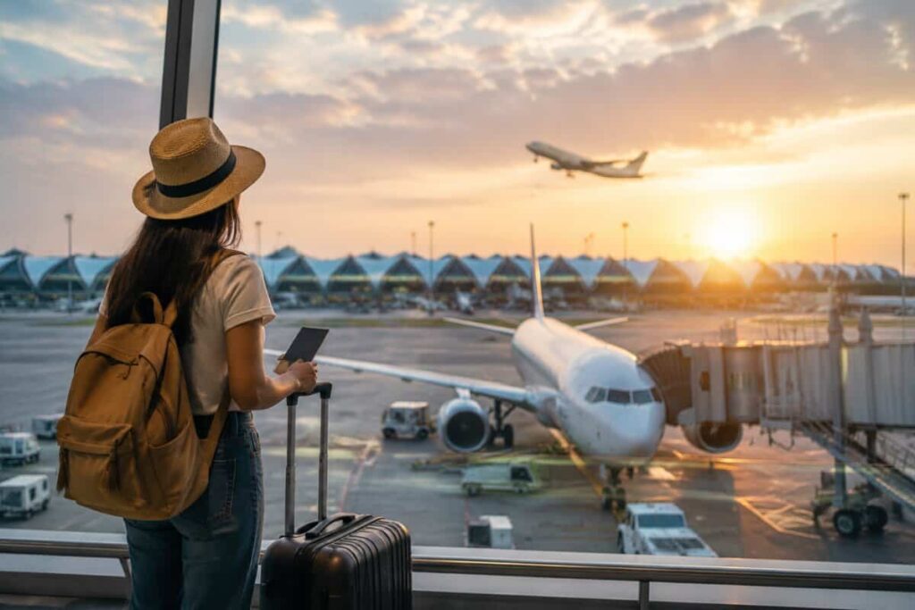 Traveler with a tan backpack and hat watches a parked airplane from the gate, checking her phone at sunset.