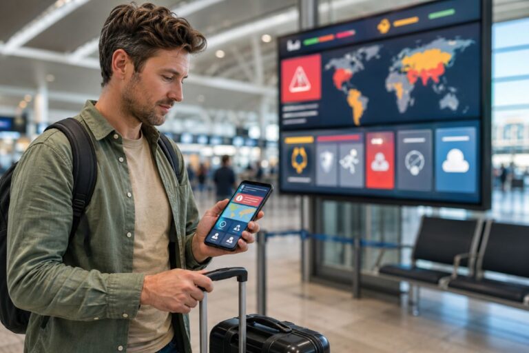 Traveler with backpack and rolling suitcase checks a mobile app at an airport terminal, near a large display screen.