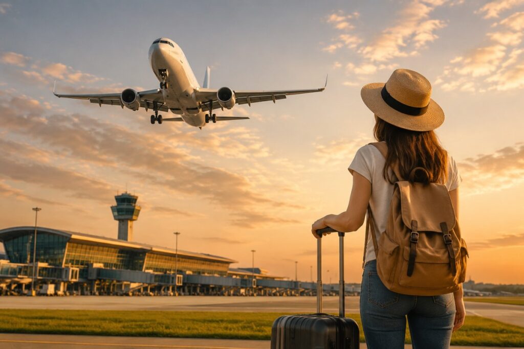 Woman with a tan backpack and rolling suitcase watches a plane approach the runway at sunset from the airport.