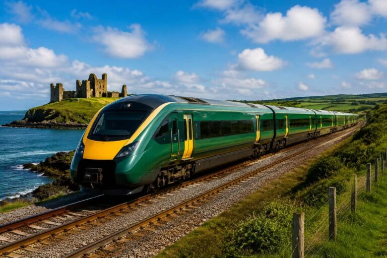 Green and yellow passenger train on coastal tracks with castle ruins on a peninsula and blue sea in the background, under a bright sky.