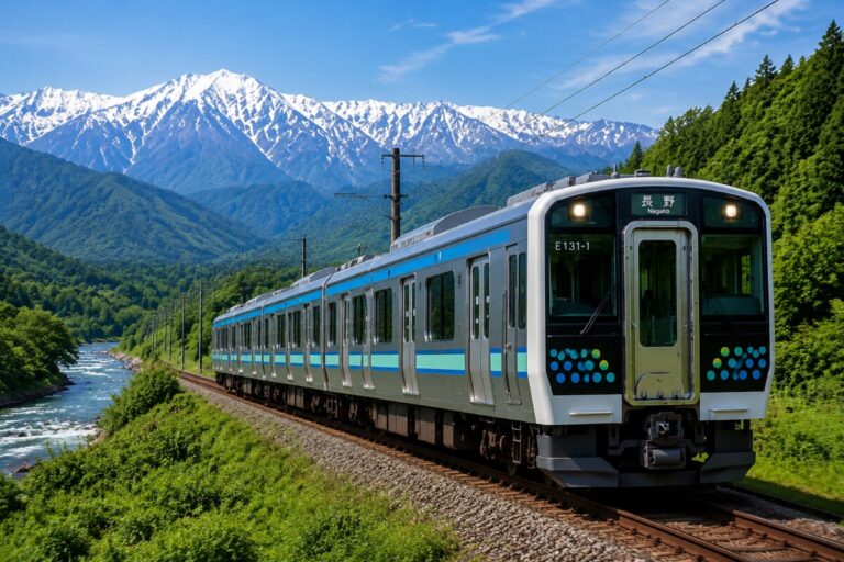 Electric commuter train speeding along a track beside a river with snow-capped mountains in the distance, clear blue sky ahead.
