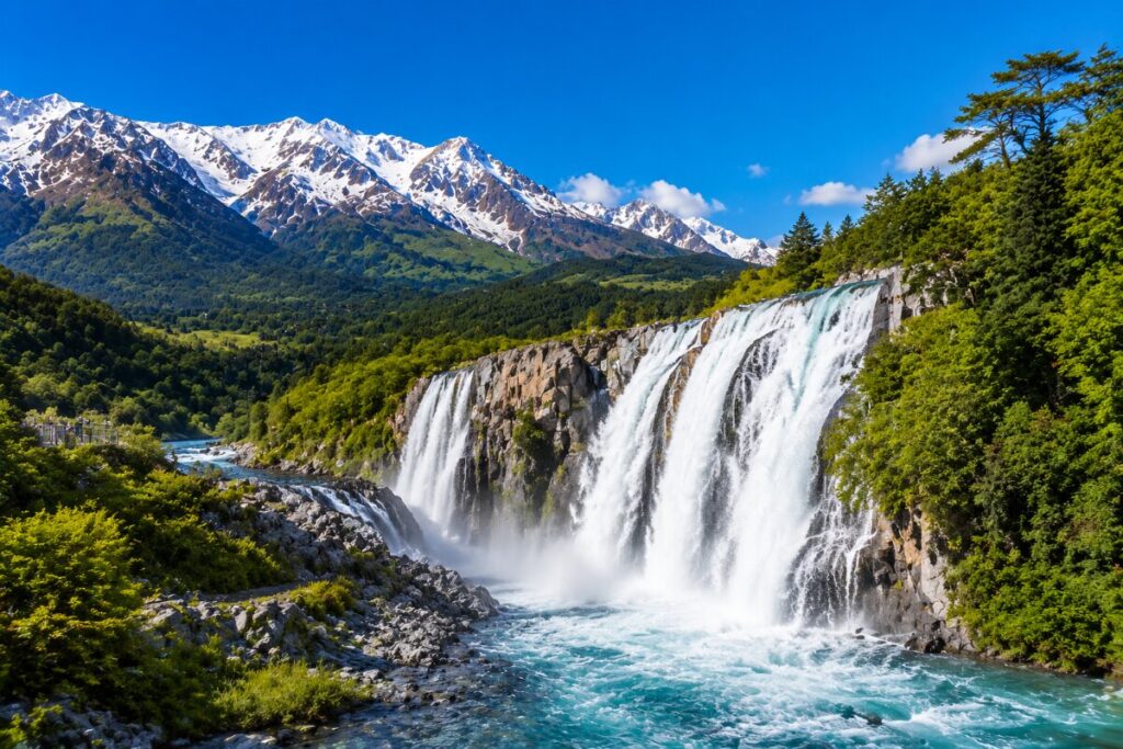 Wide waterfall cascades over rocks into a turquoise river, with snow-capped mountains and green forests in the background under a blue sky,