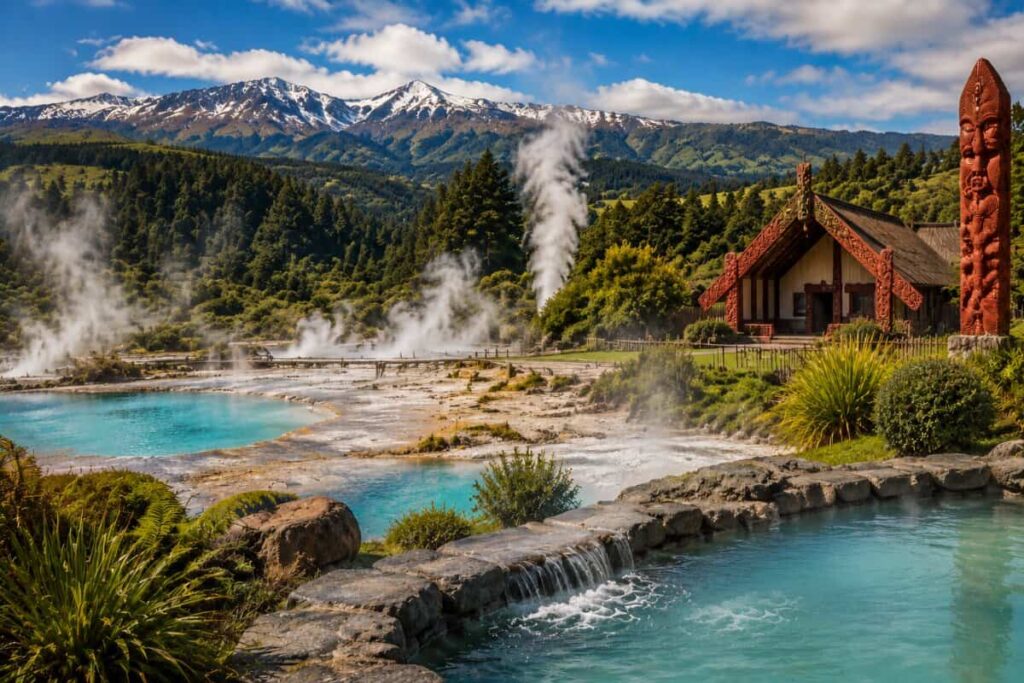 Geothermal pools with turquoise water and rising steam beside a rustic lodge and carved sculpture in a green, mountainous landscape.