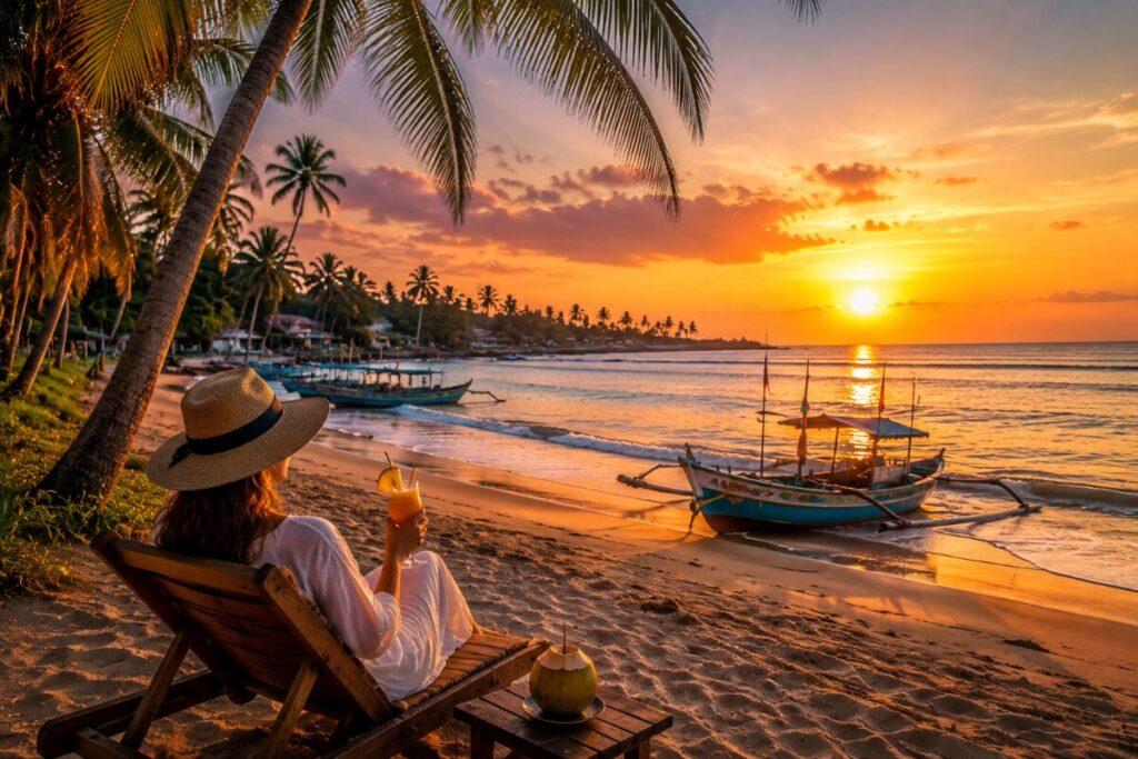 Person in a sunhat lounging on a wooden beach chair at sunset, holding a tropical drink, palm trees and boats on the shore.