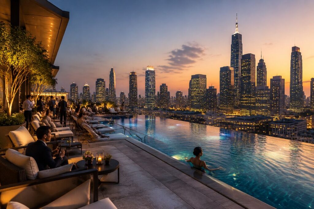 Rooftop pool party at dusk with lounge seating, palm trees, and a city skyline in the background.