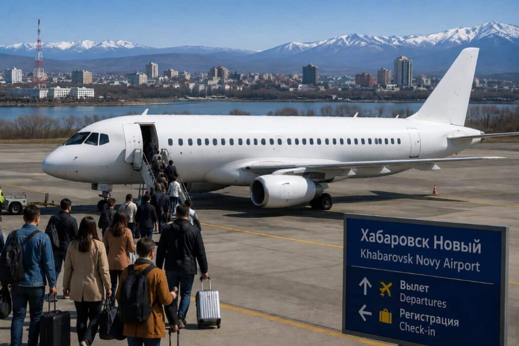 Passengers board a white commercial jet on a tarmac at Khabarovsk Novy Airport, with a blue airport sign in the foreground and snow-capped mountains in the distance.