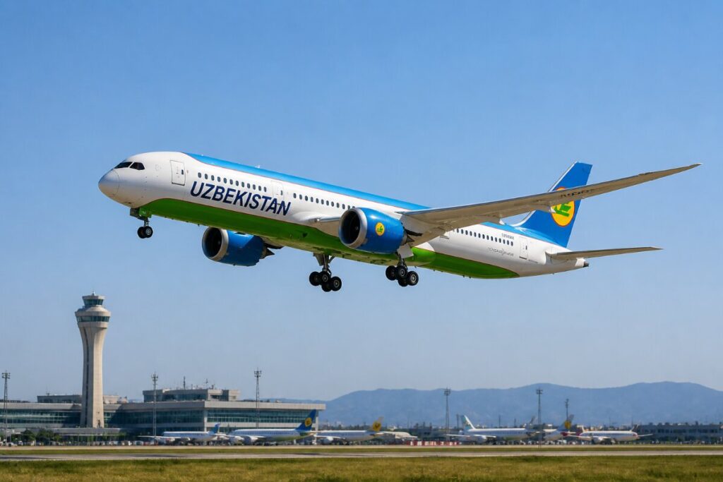 Uzbekistan Airways jet lifting off from a runway with the control tower and airport buildings in the background.