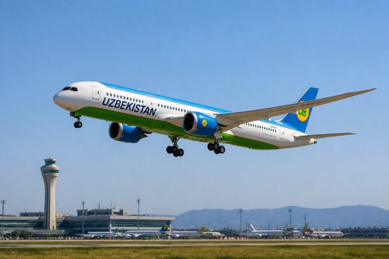 Uzbekistan Airways jet lifting off from a runway with the control tower and airport buildings in the background.